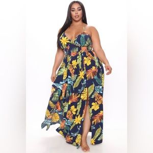 Vacation Navy Floral Deep V Open Back Halter Maxi Dress w/ split Resort